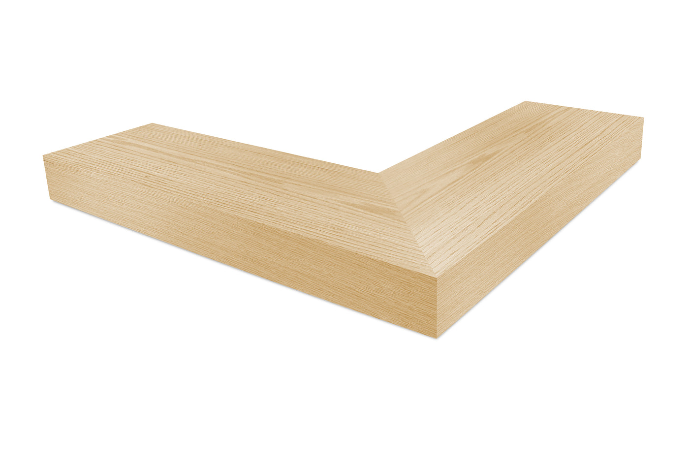 4 inch thick Bleached oak mitered outside corner floating shelf front view 