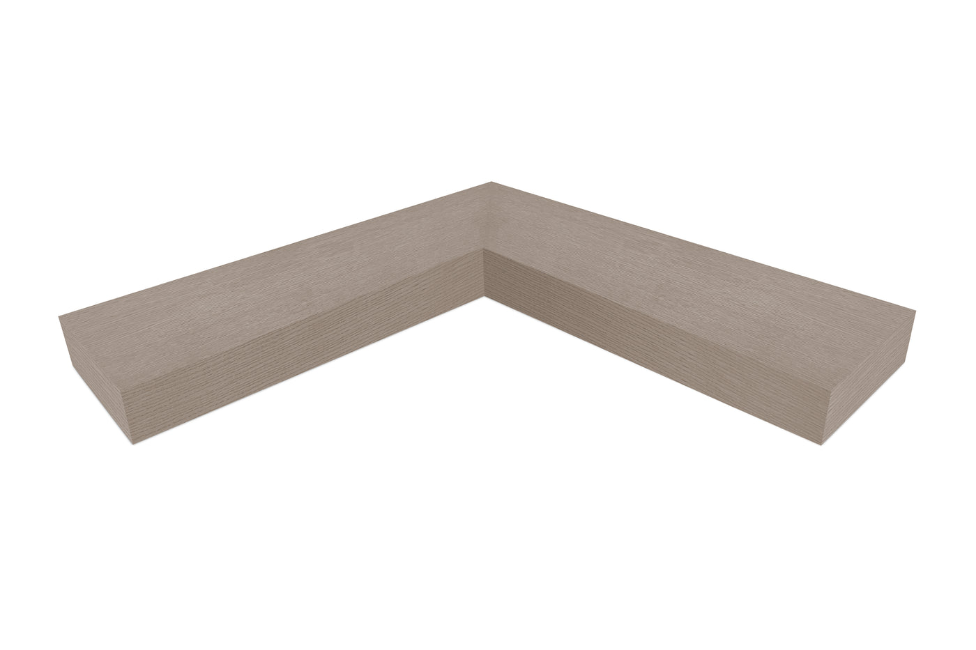 4 inch thick Driftwood Grey Oak mitered inside corner floating shelf front view 