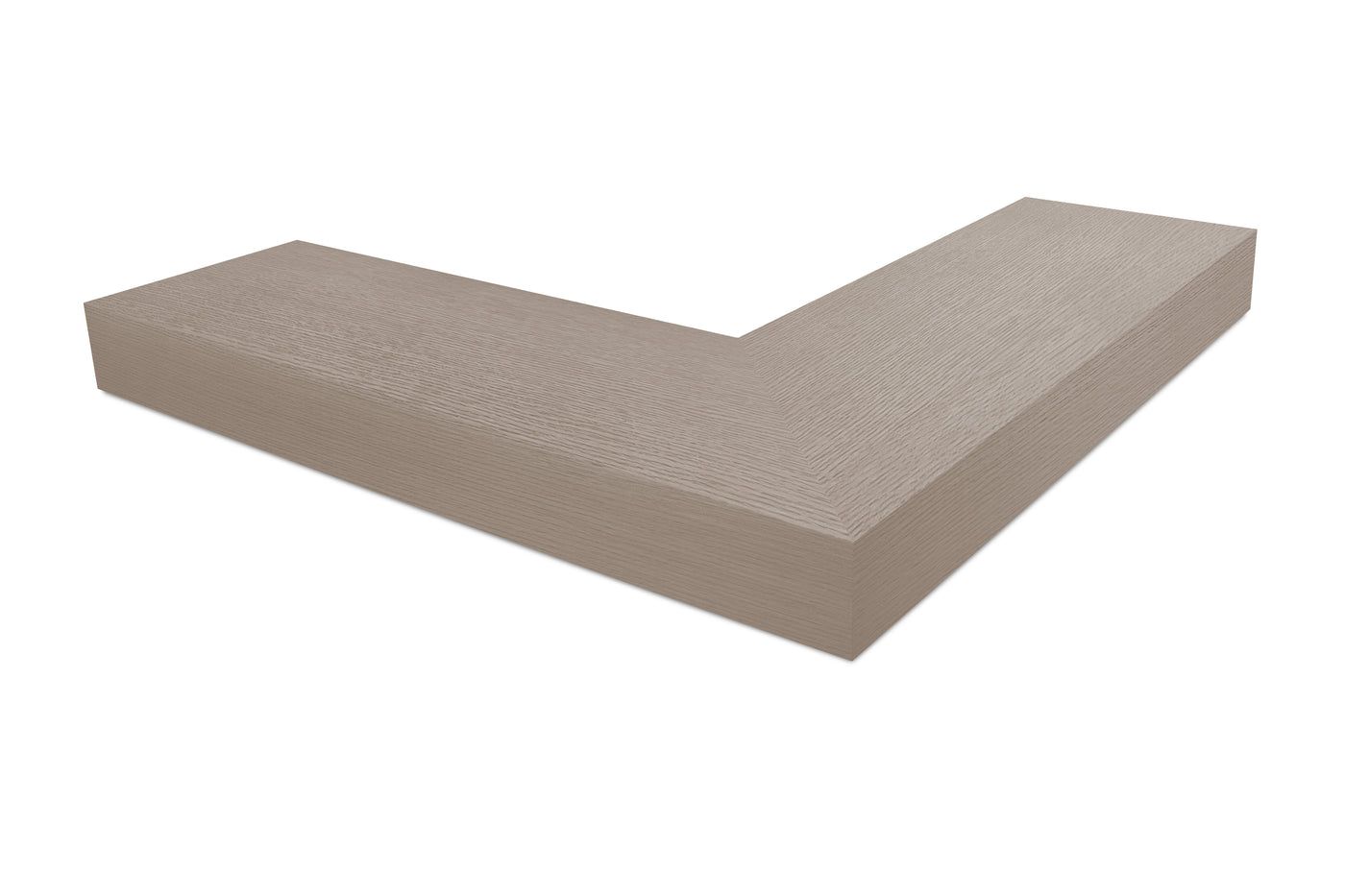 4 inch thick Driftwood Grey Oak mitered outside corner floating shelf front view 