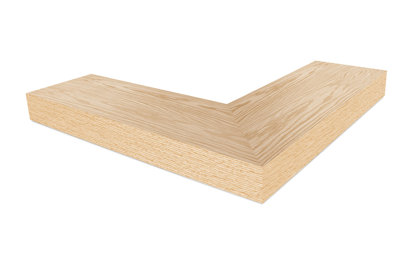 4 inch thick Red Oak mitered outside corner floating shelf front view 