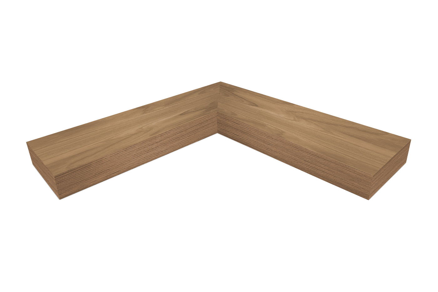 4 inch thick Teak mitered inside corner floating shelf front view 