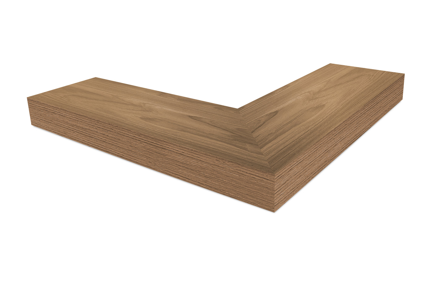 4 inch thick Teak mitered outside corner floating shelf front view 