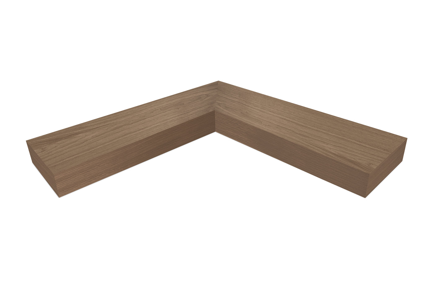 4 inch thick Walnut mitered inside corner floating shelf front view