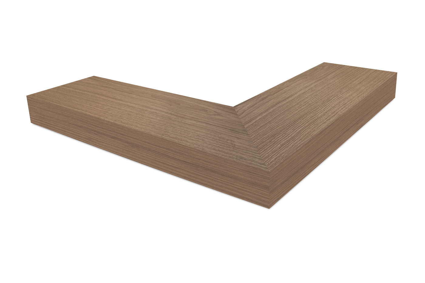 4 inch thick Walnut mitered outside corner floating shelf front view