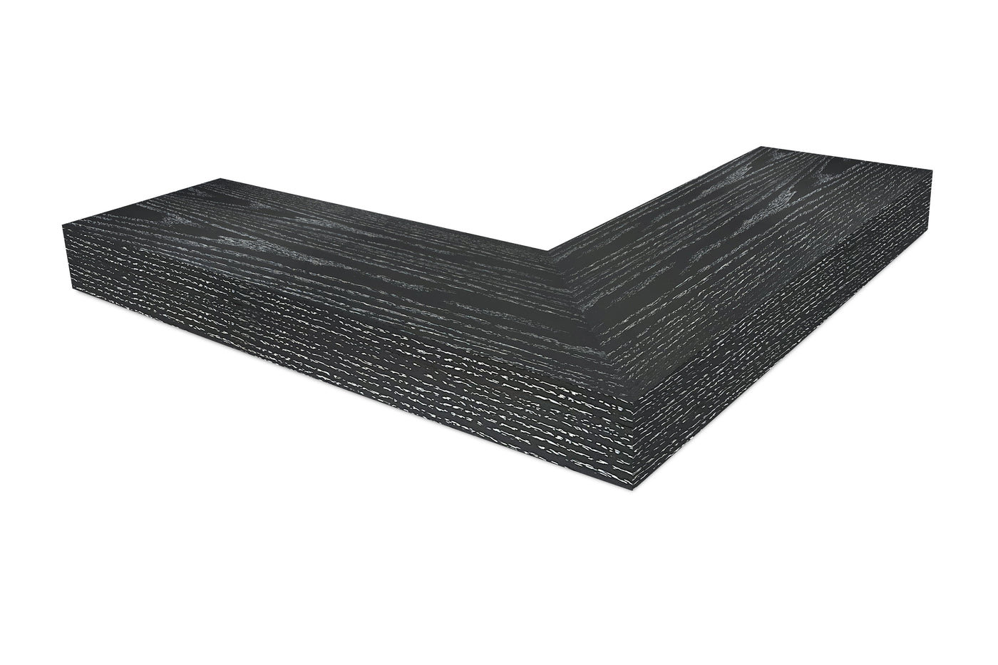 4 inch thick ebonized cerused oak mitered outside corner floating shelf front view 