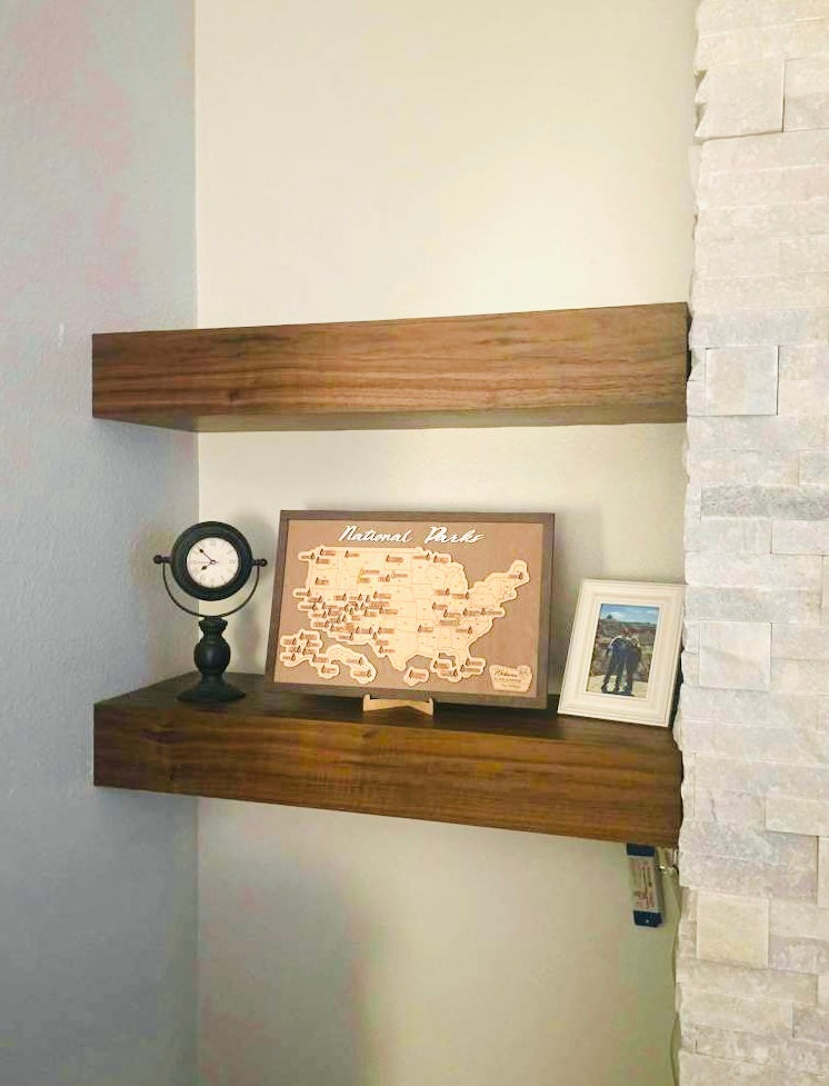 5 inch thick walnut floating shelves in a niche space 3 walls