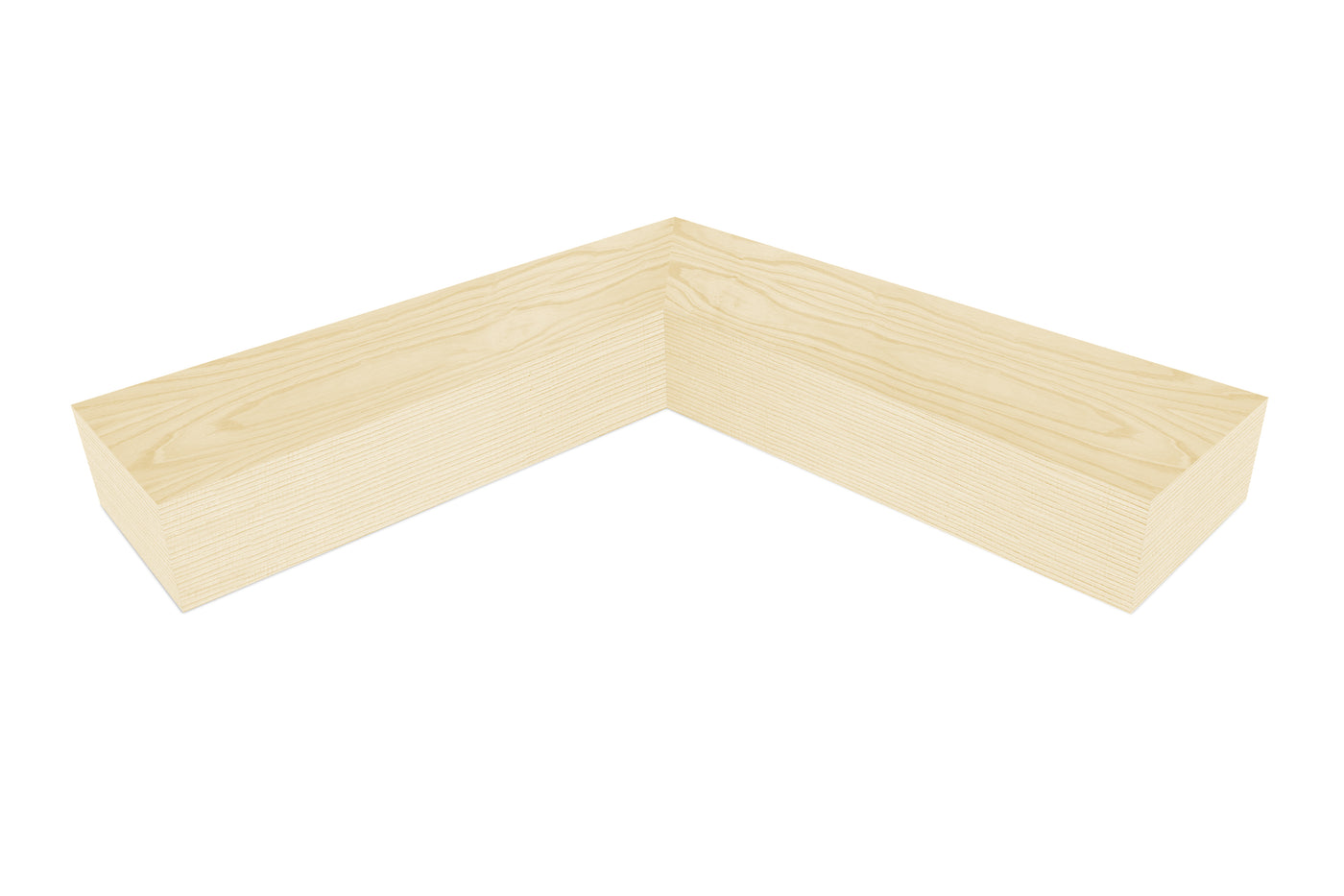 6 inch thick Ash wood mitered inside corner floating shelf front view 