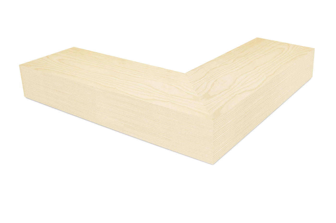 6 inch thick Ash wood mitered outside corner floating shelf front view 