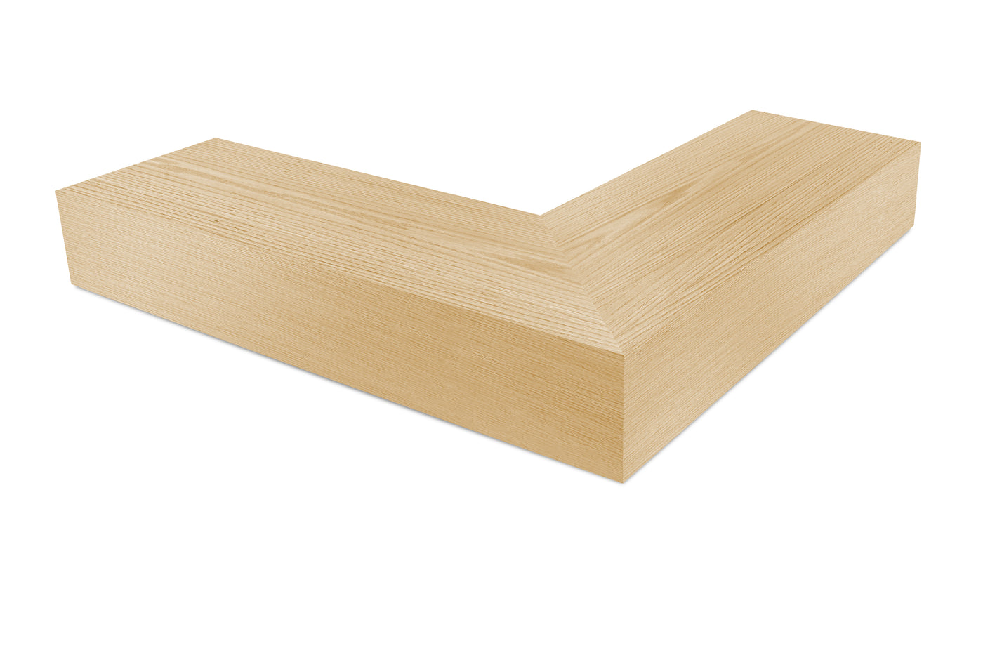 6 inch thick Bleached oak mitered outside corner floating shelf front view 