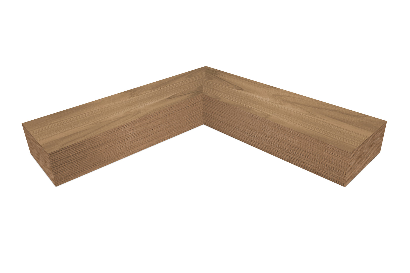 6 inch thick Teak mitered inside corner floating shelf front view 