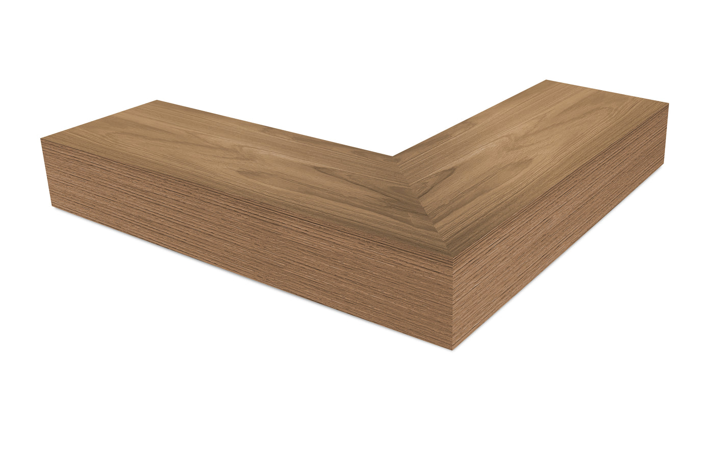 6 inch thick Teak mitered outside corner floating shelf front view 