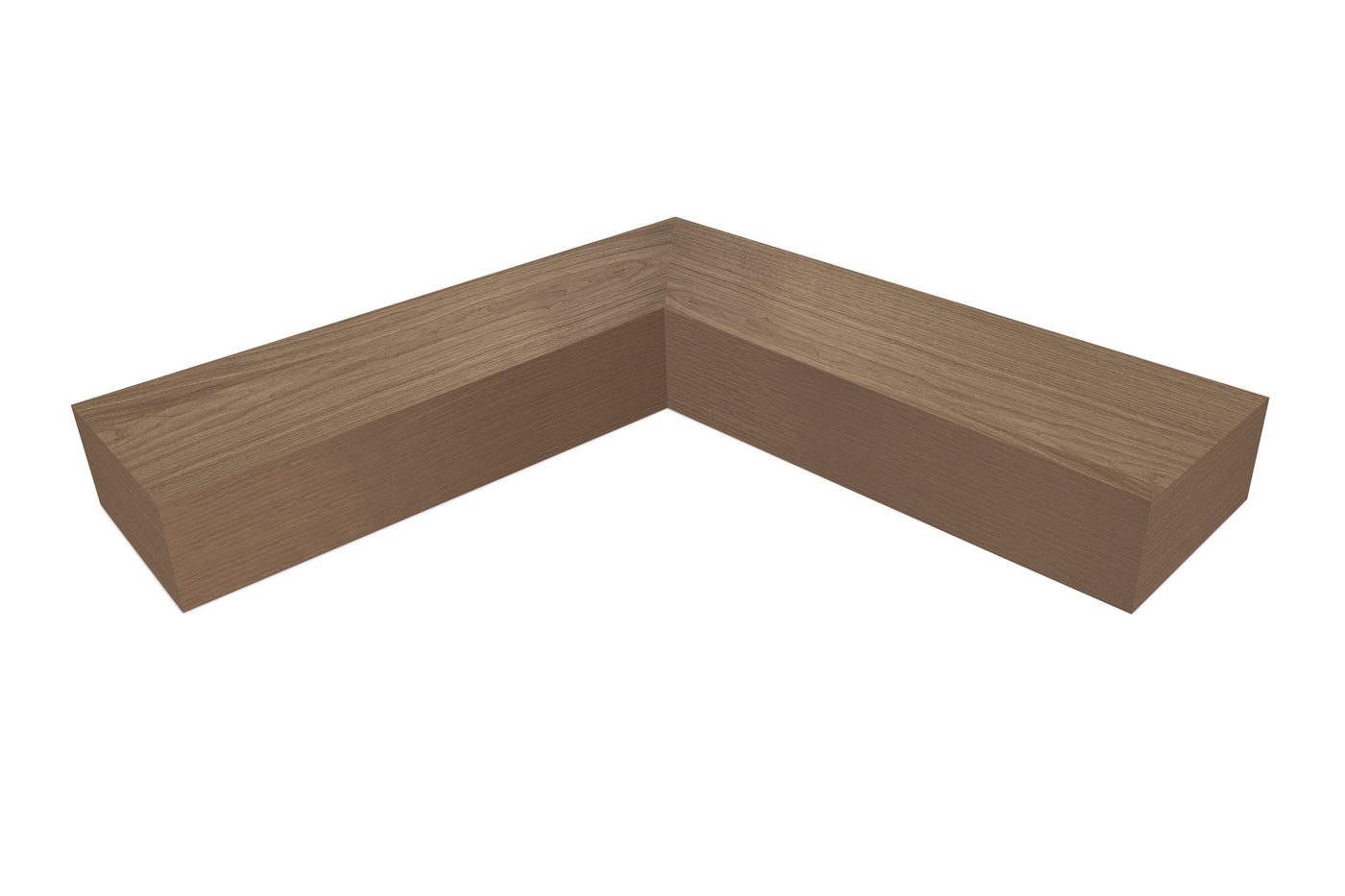 6 inch thick Walnut mitered inside corner floating shelf front view 