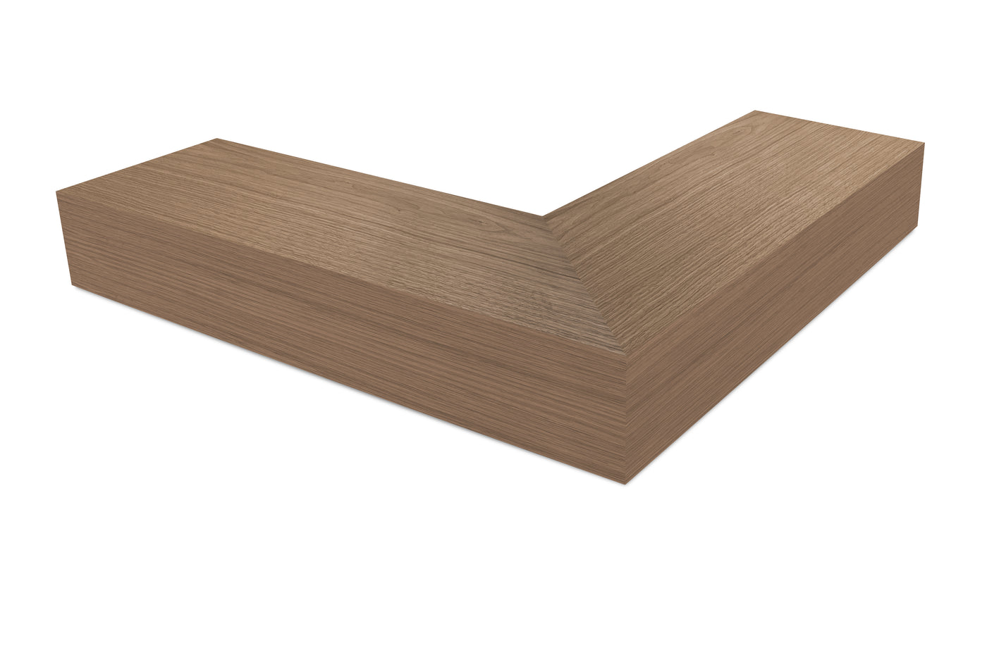 6 inch thick Walnut mitered outside corner floating shelf front view