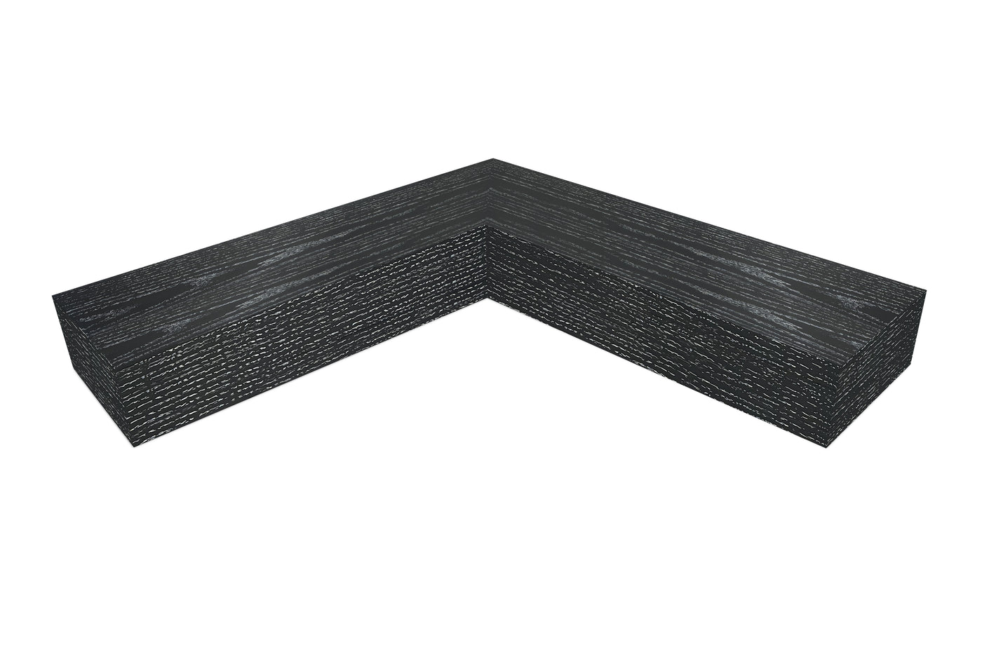 6 inch thick ebonized cerused oak mitered inside corner floating shelf front view 