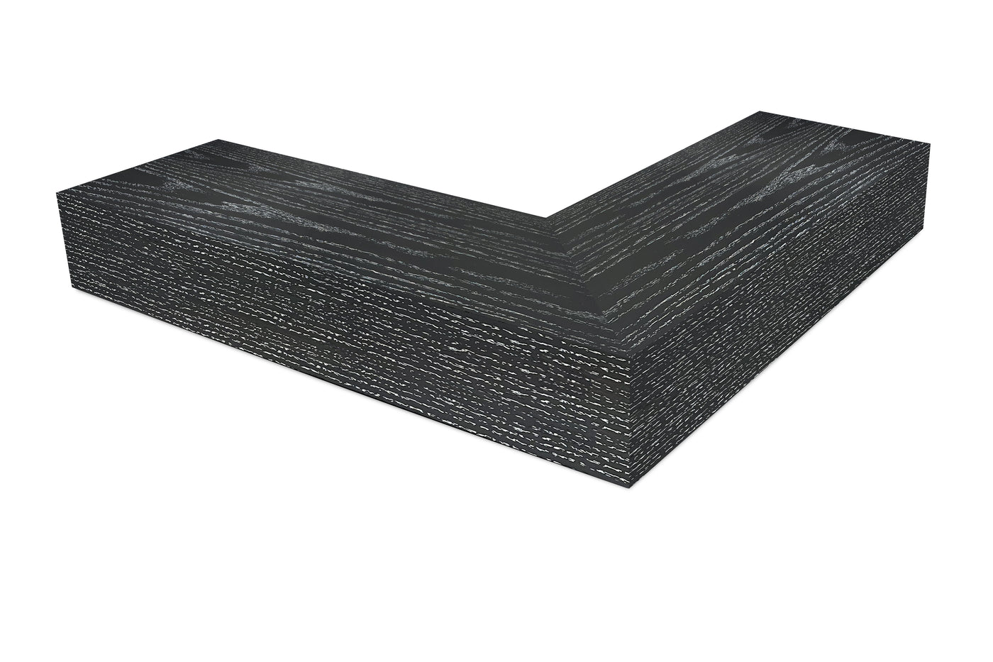 6 inch thick ebonized cerused oak mitered outside corner floating shelf front view 