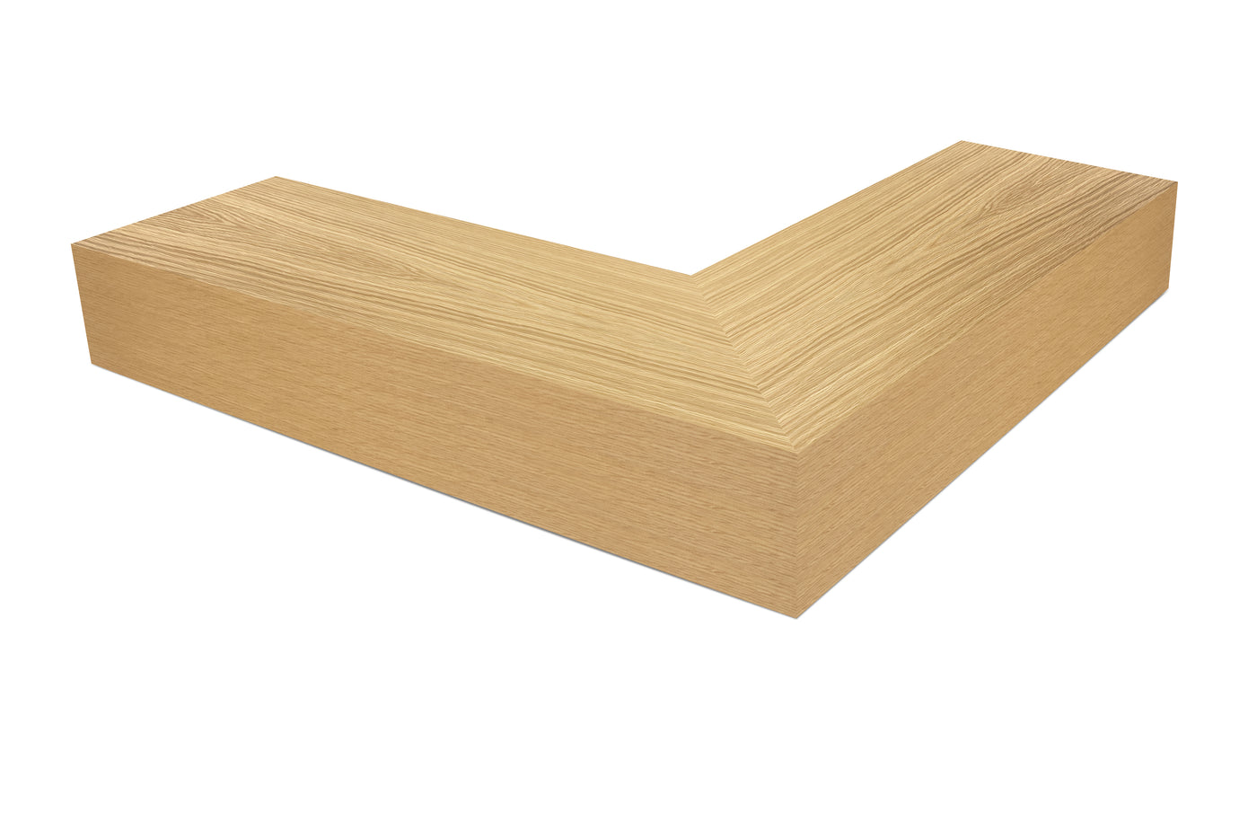 6 inch thick rift white oak mitered outside corner floating shelf front view 