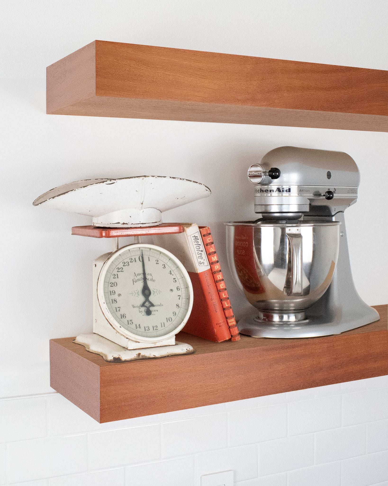 African mahogany Wood kitchen Floating Shelf 4 inch thick with Mixer and scale angle view