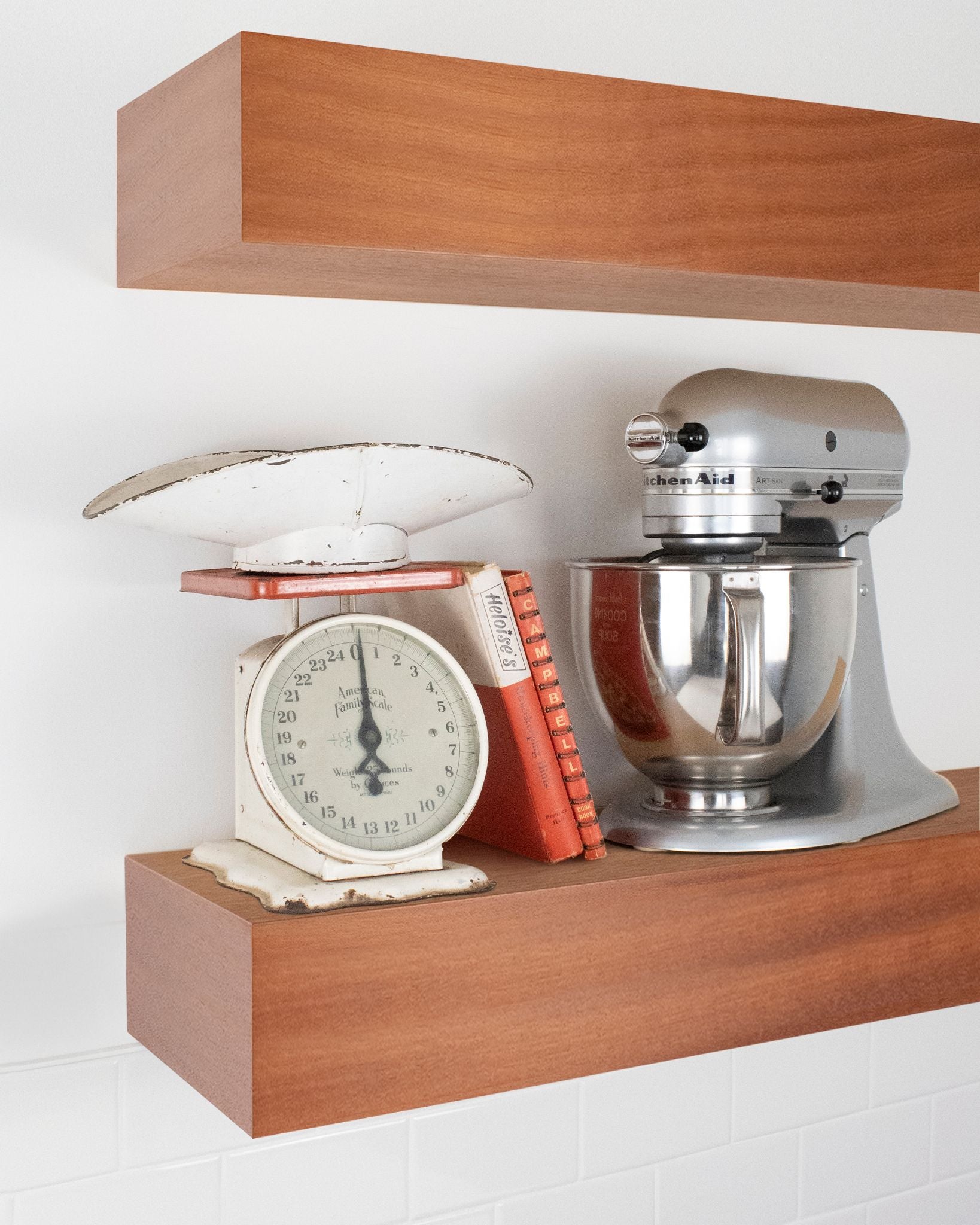 African mahogany Wood kitchen Floating Shelf 6 inch thick with Mixer and scale angle view
