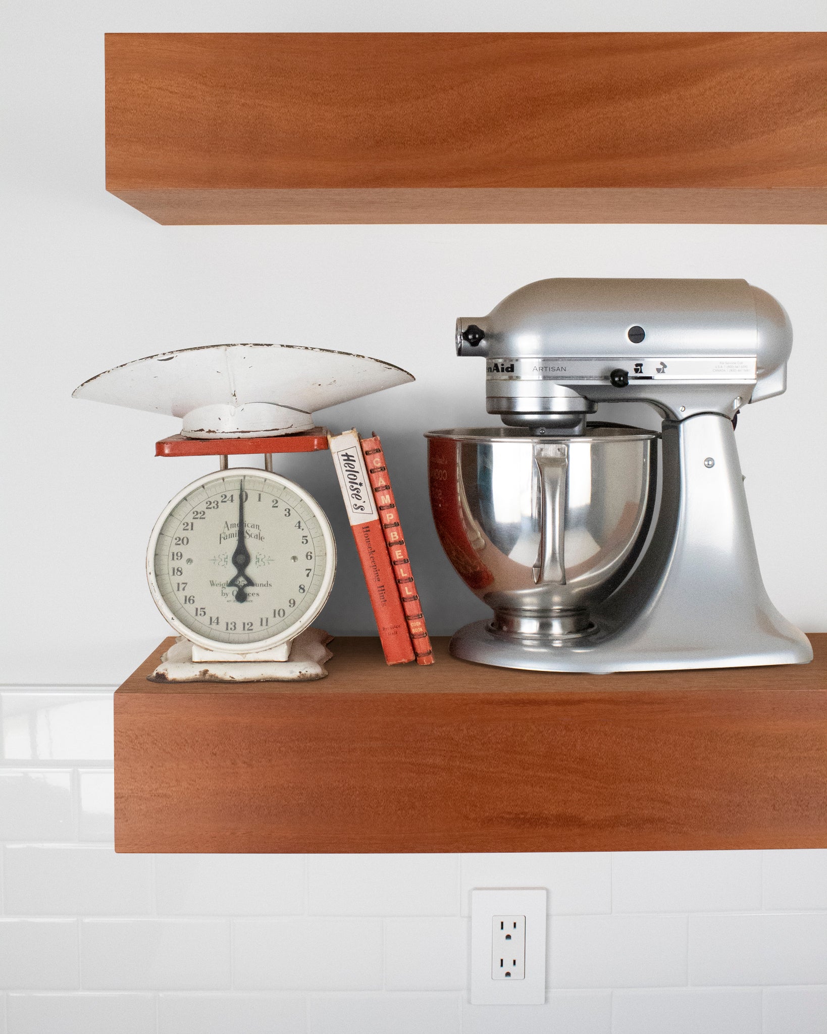 African mahogany Wood kitchen Floating Shelf 6 inch thick with Mixer and scale front view