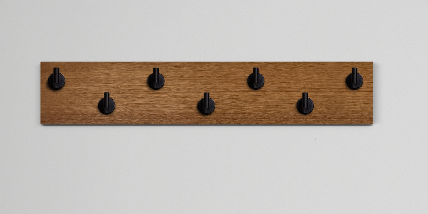 African mahogany Wood wall hook rack 7 matte black hooks