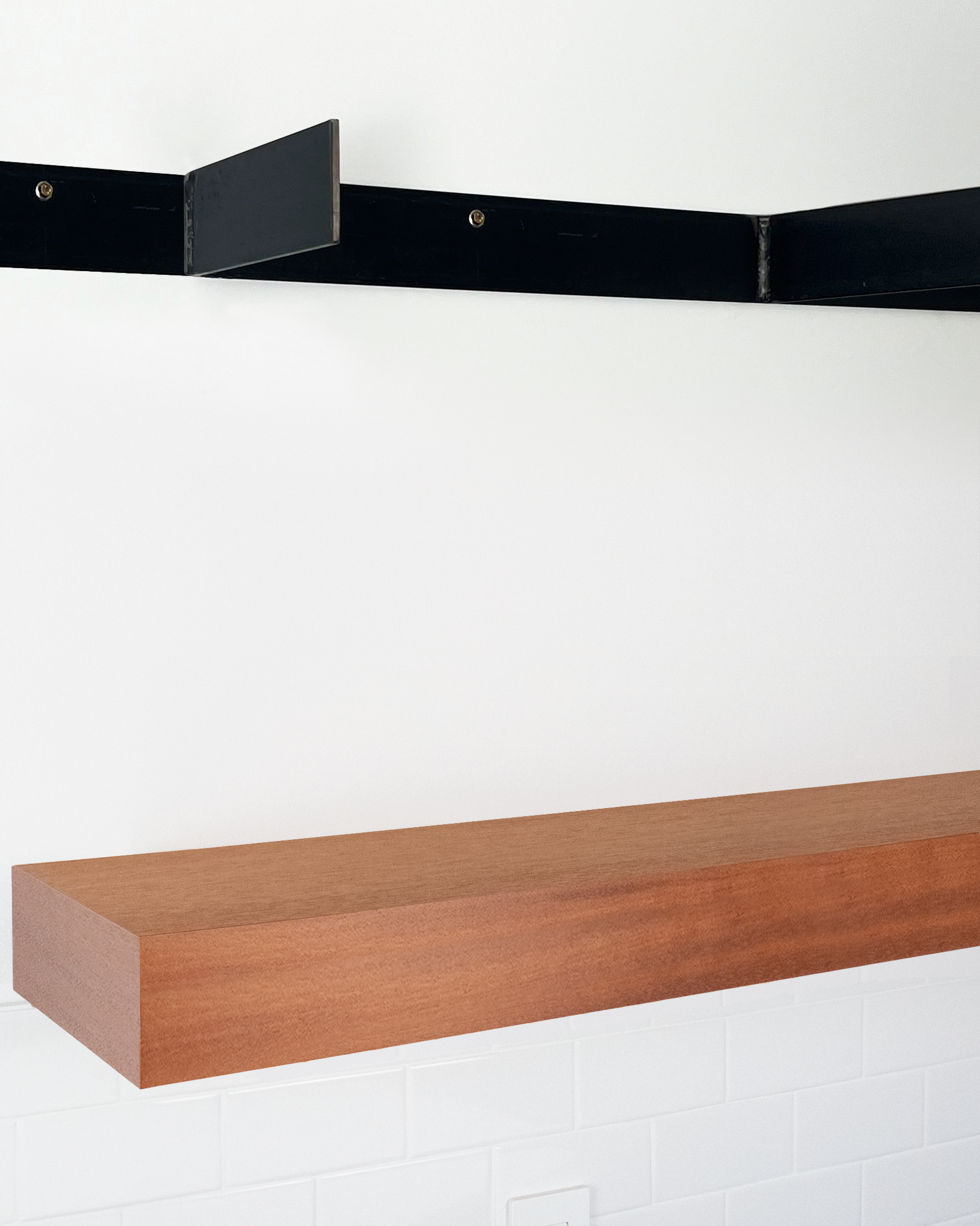 African mahogany floating shelf 4 inch thick angle view installed steel HW top