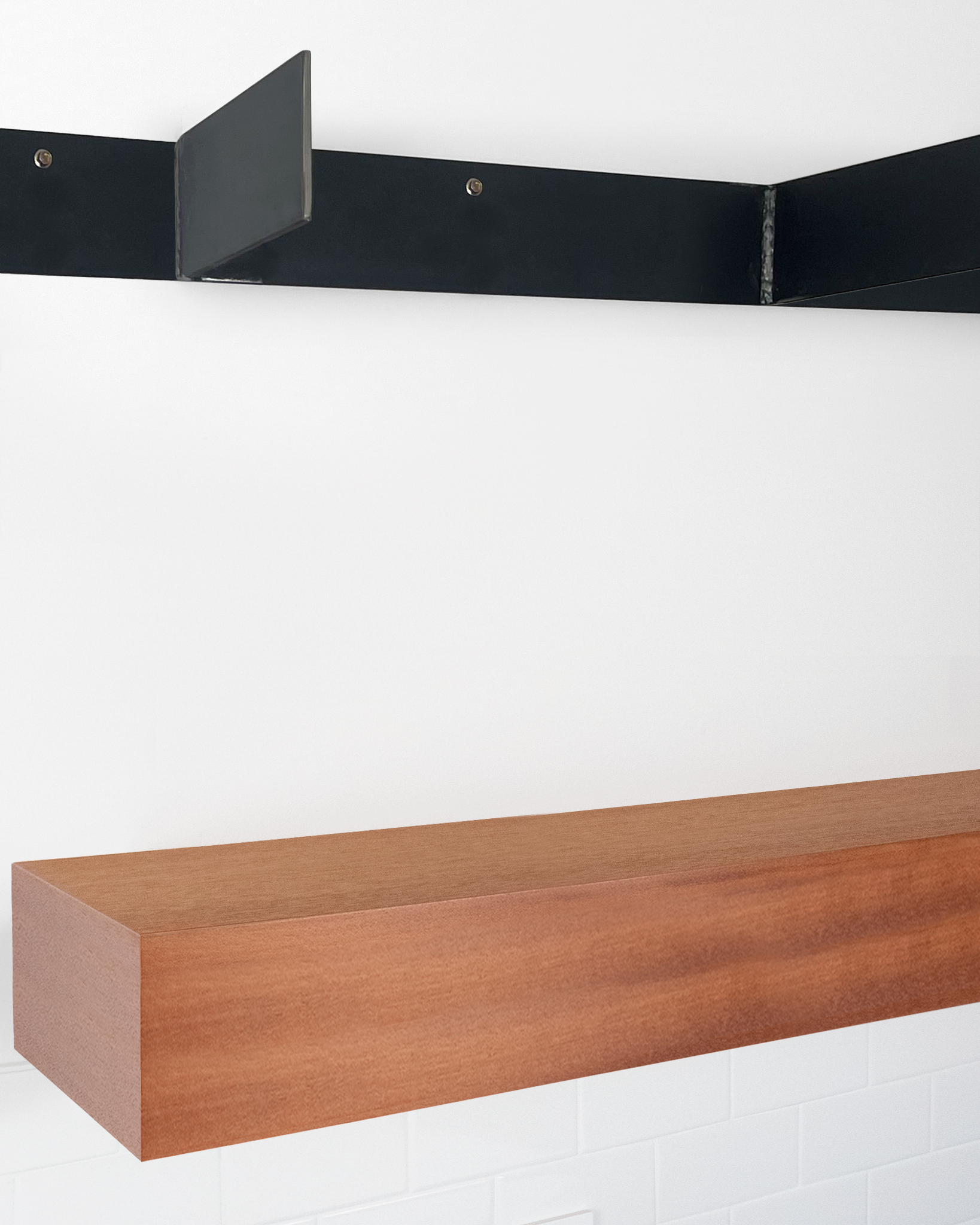 African mahogany floating shelf 6 inch thick angle view installed steel HW top
