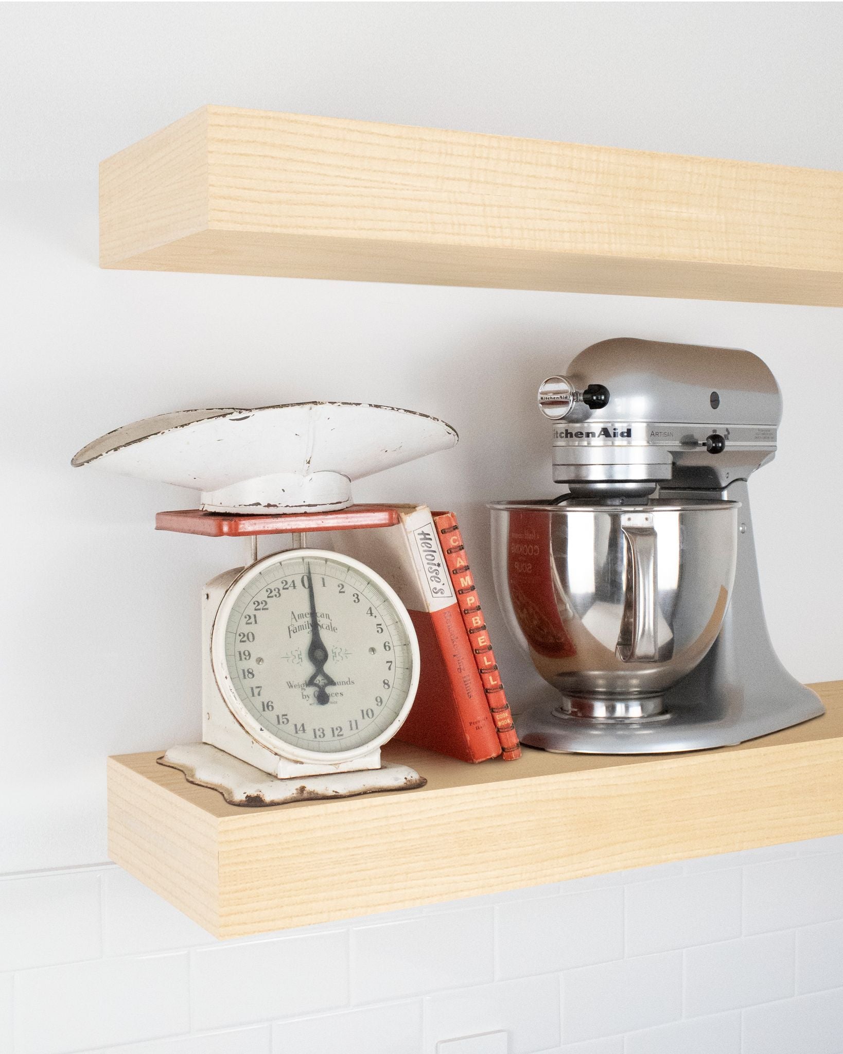 Ash Wood kitchen Floating Shelf 4 inch thick with Mixer and scale angle view