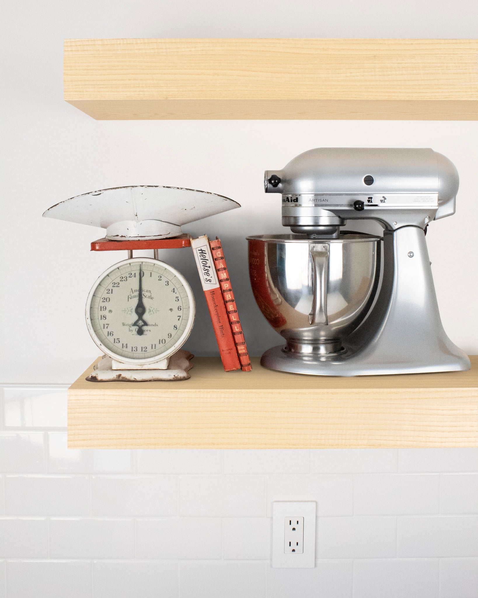 Ash Wood kitchen Floating Shelf 4 inch thick with Mixer and scale front view