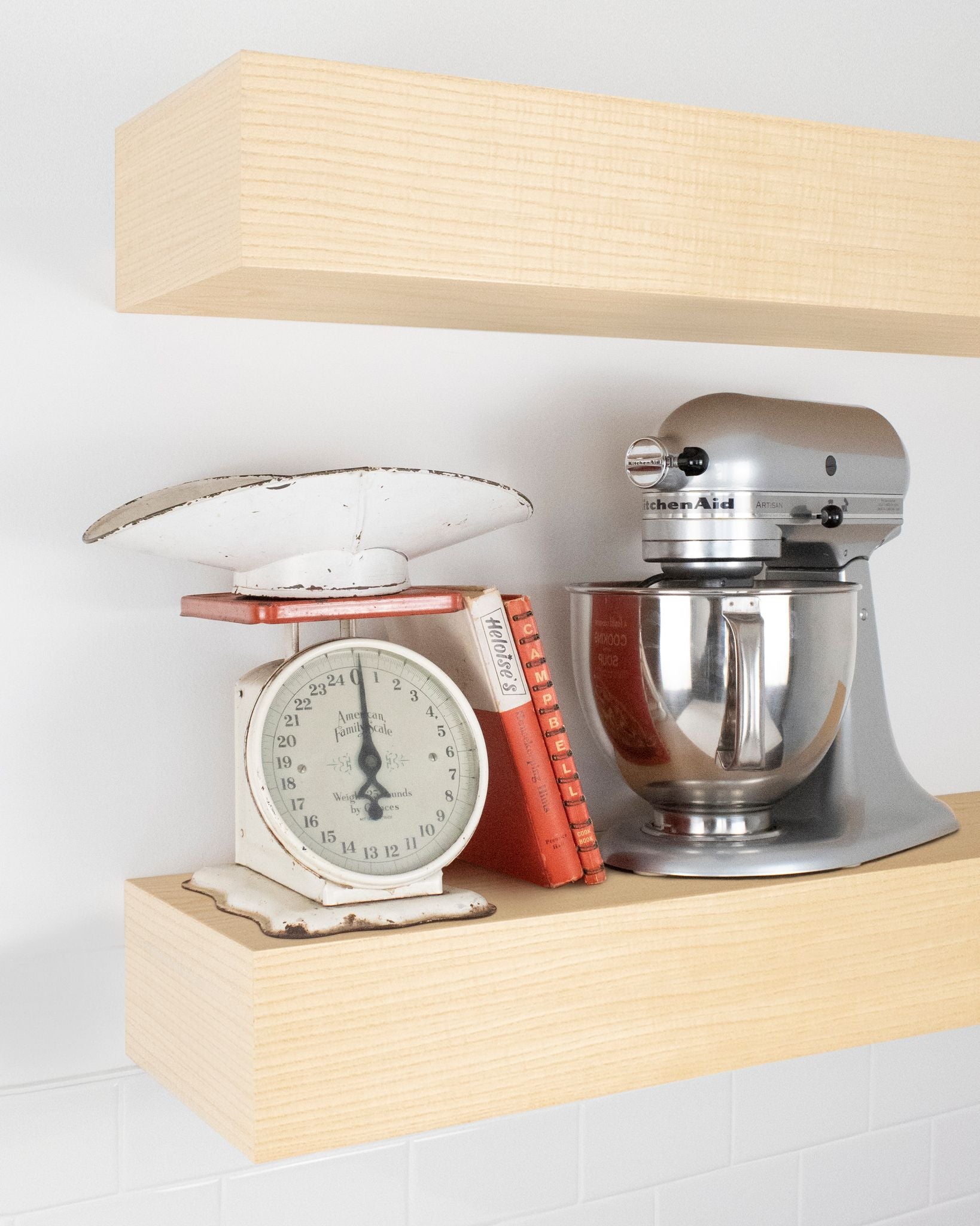 Ash Wood kitchen Floating Shelf 6 inch thick with Mixer and scale angle view