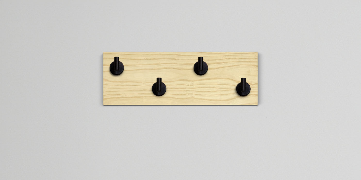 Ash Wood wall hook rack 4 matte black hooks