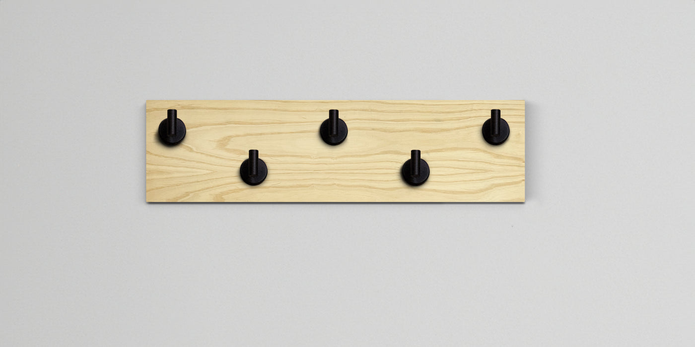 Ash Wood wall hook rack 5 matte black hooks