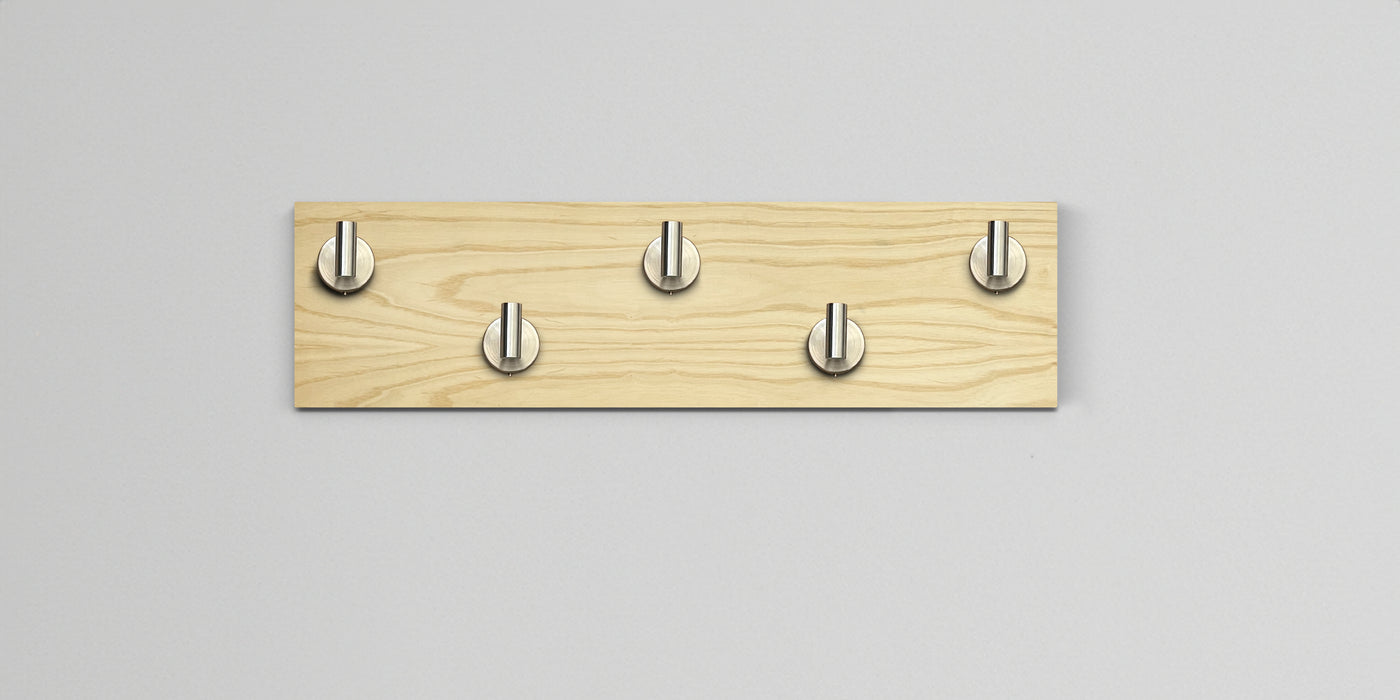 Ash Wood wall hook rack 5 satin nickel hooks