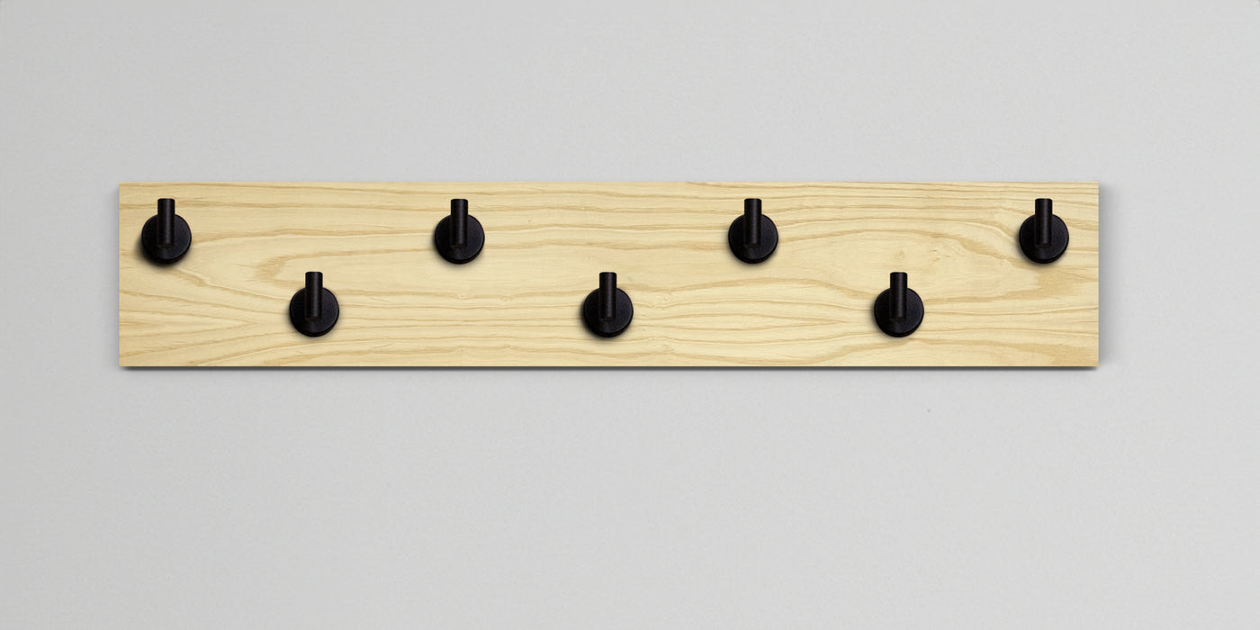 Ash Wood wall hook rack 7 matte black hooks