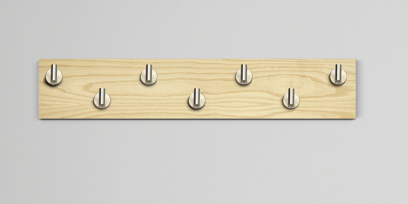 Ash Wood wall hook rack 7 satin nickel hooks