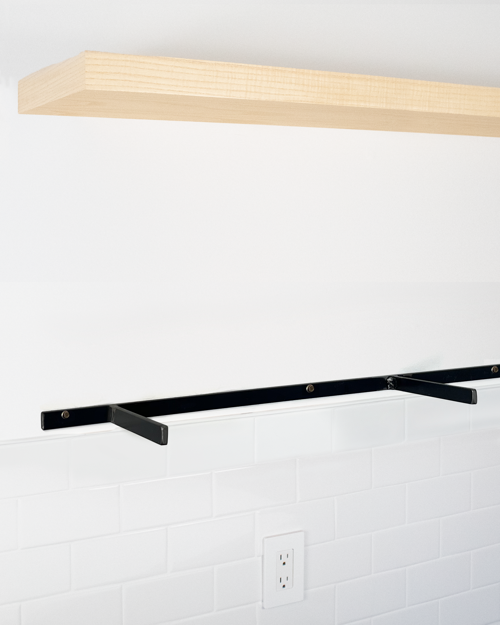 Ash floating shelf 1.75 inch thick angle view installed steel HW