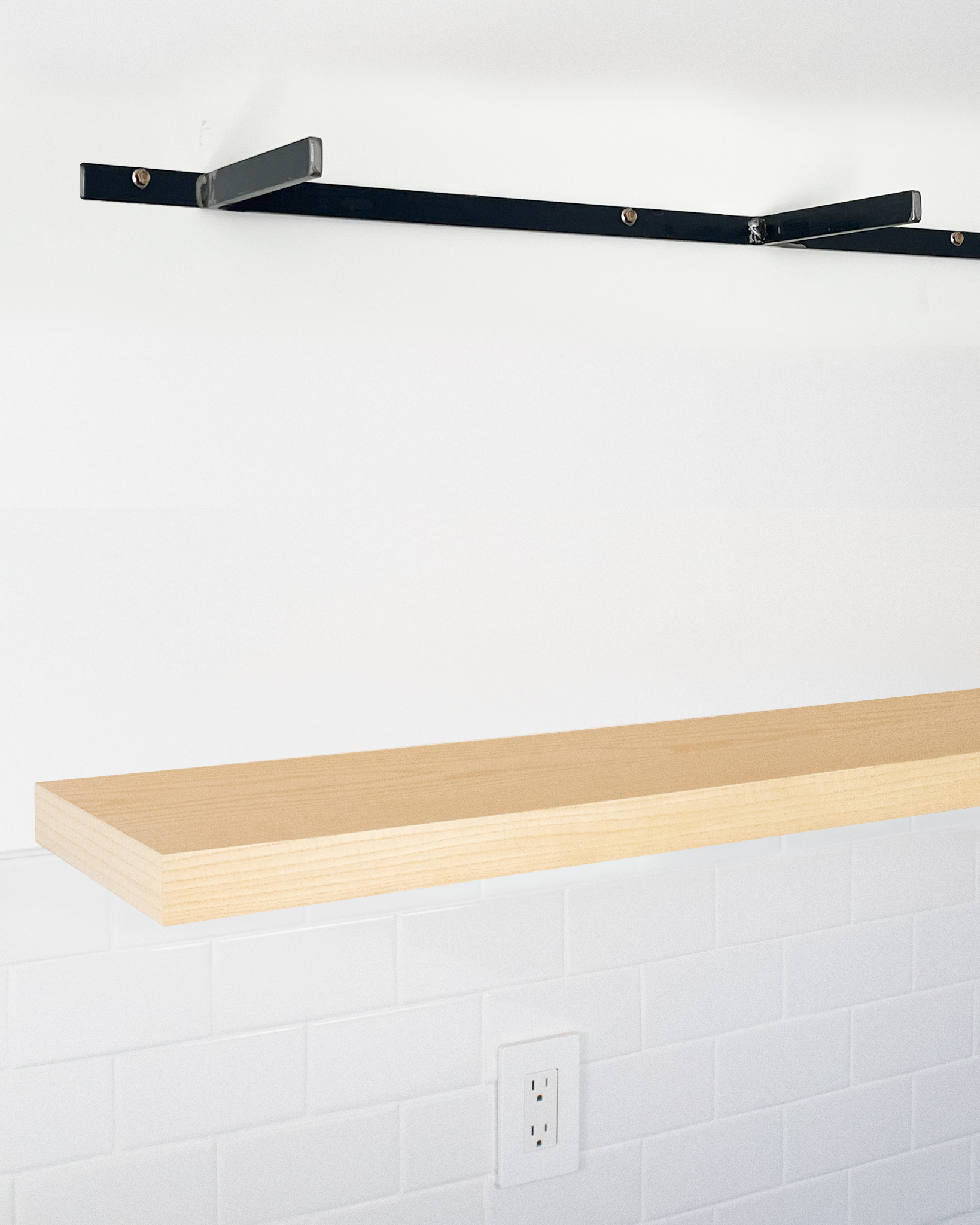 Ash floating shelf 1.75 inch thick angle view installed steel HW top