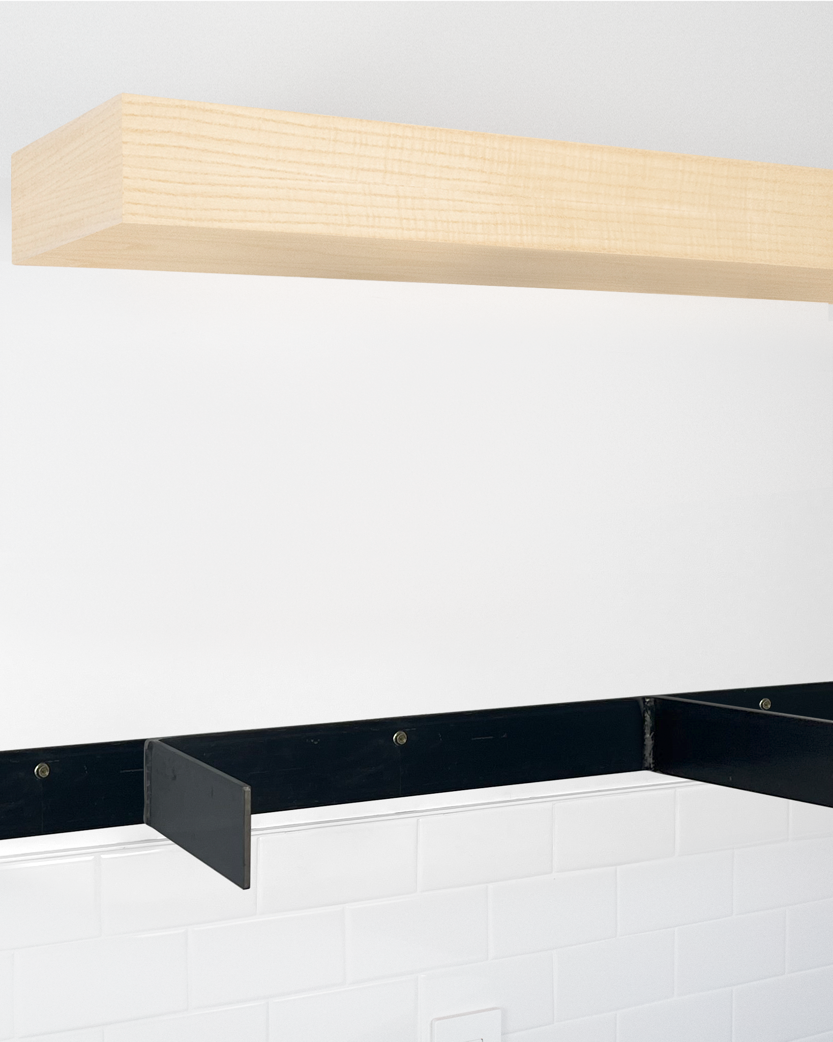Ash floating shelf 4 inch thick angle view installed steel HW