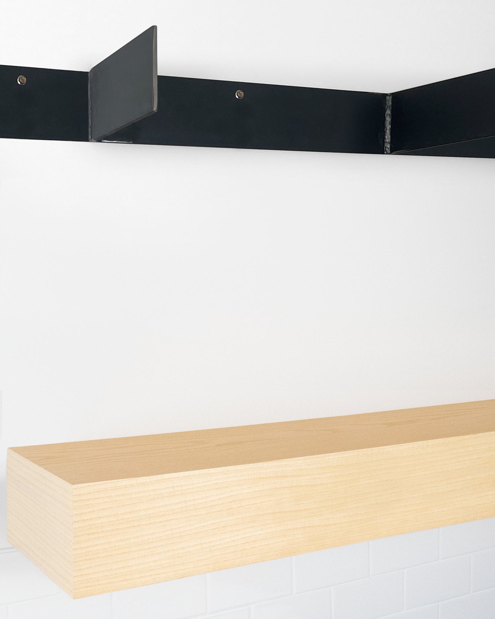 Ash floating shelf 6 inch thick angle view installed steel HW top