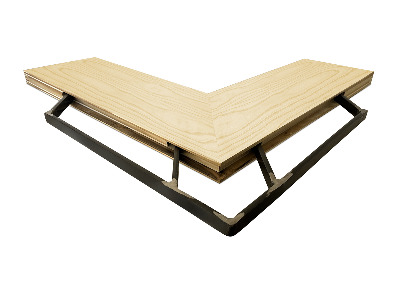Ash wood inside corner mitered floating shelf view of back edge steel floating shelf bracket pockets