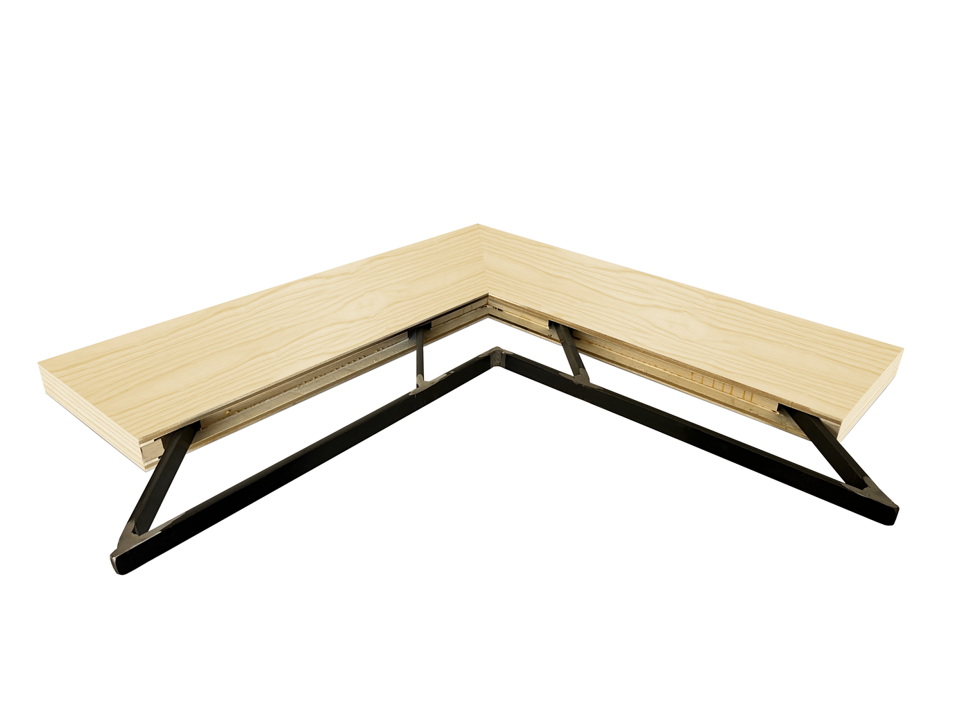 Ash wood outside corner mitered floating shelf view of back edge steel floating shelf bracket pockets