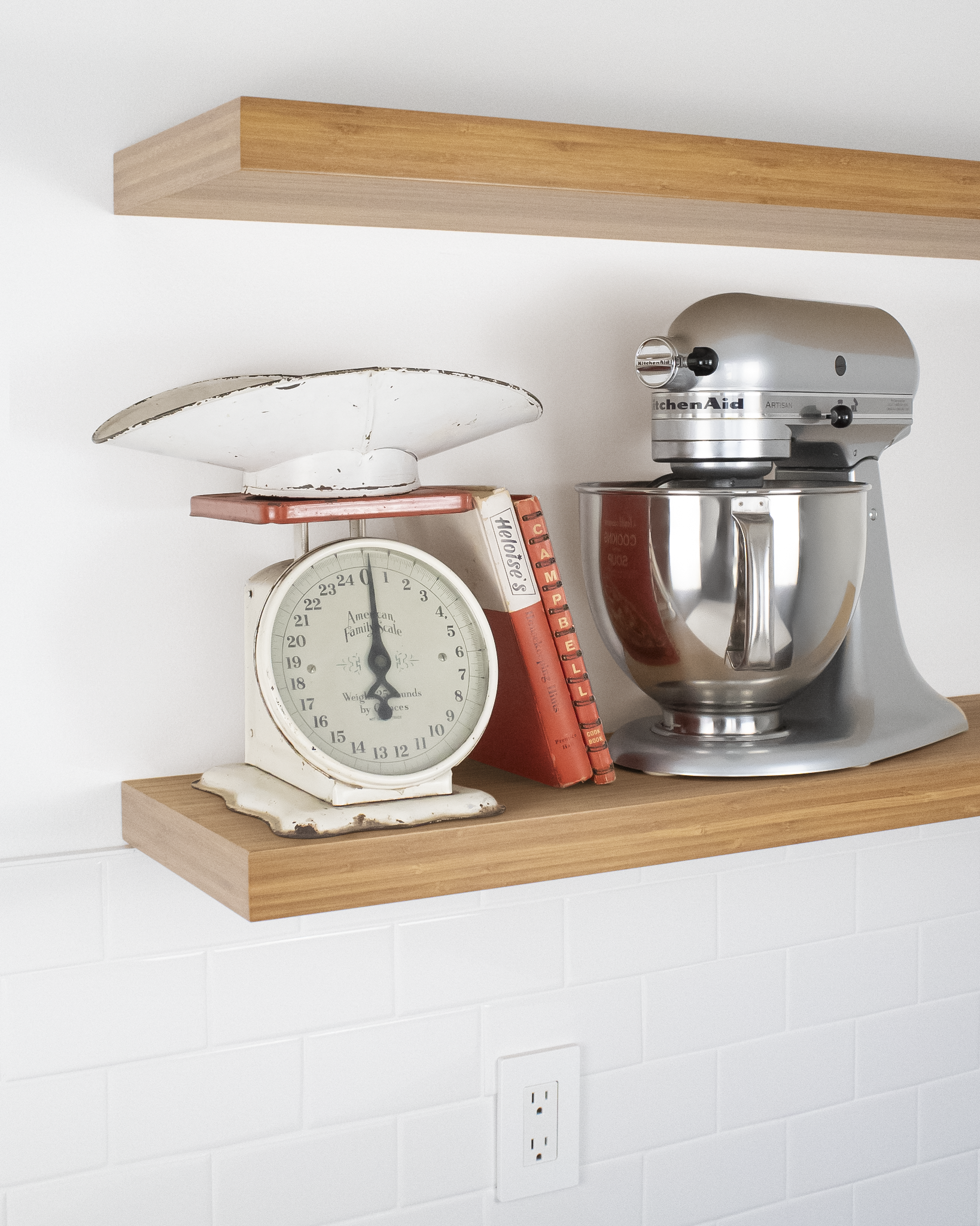 Bamboo Wood kitchen Floating Shelf 1.75 inch thick with Mixer and scale angle view