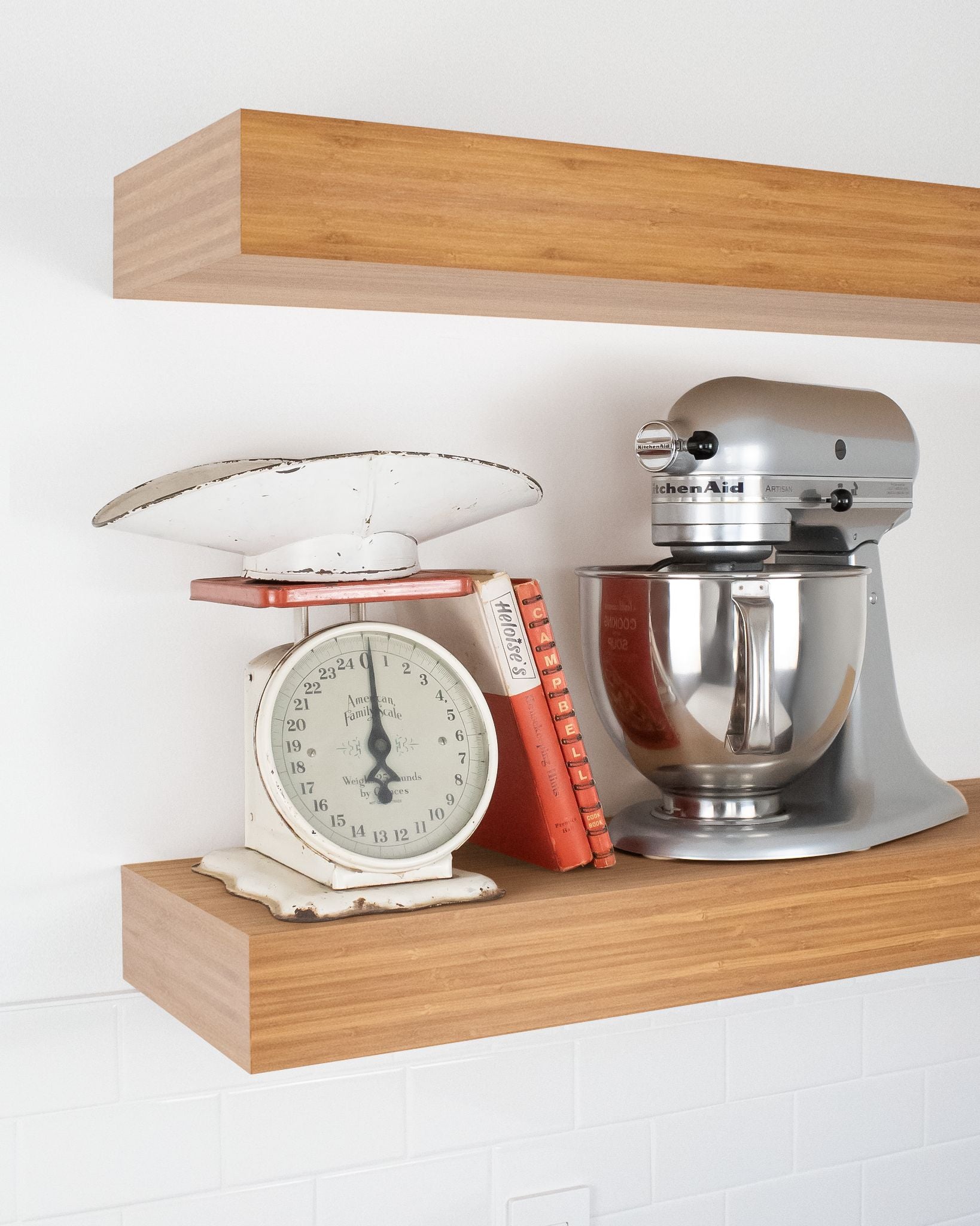 Bamboo Wood kitchen Floating Shelf 4 inch thick with Mixer and scale angle view