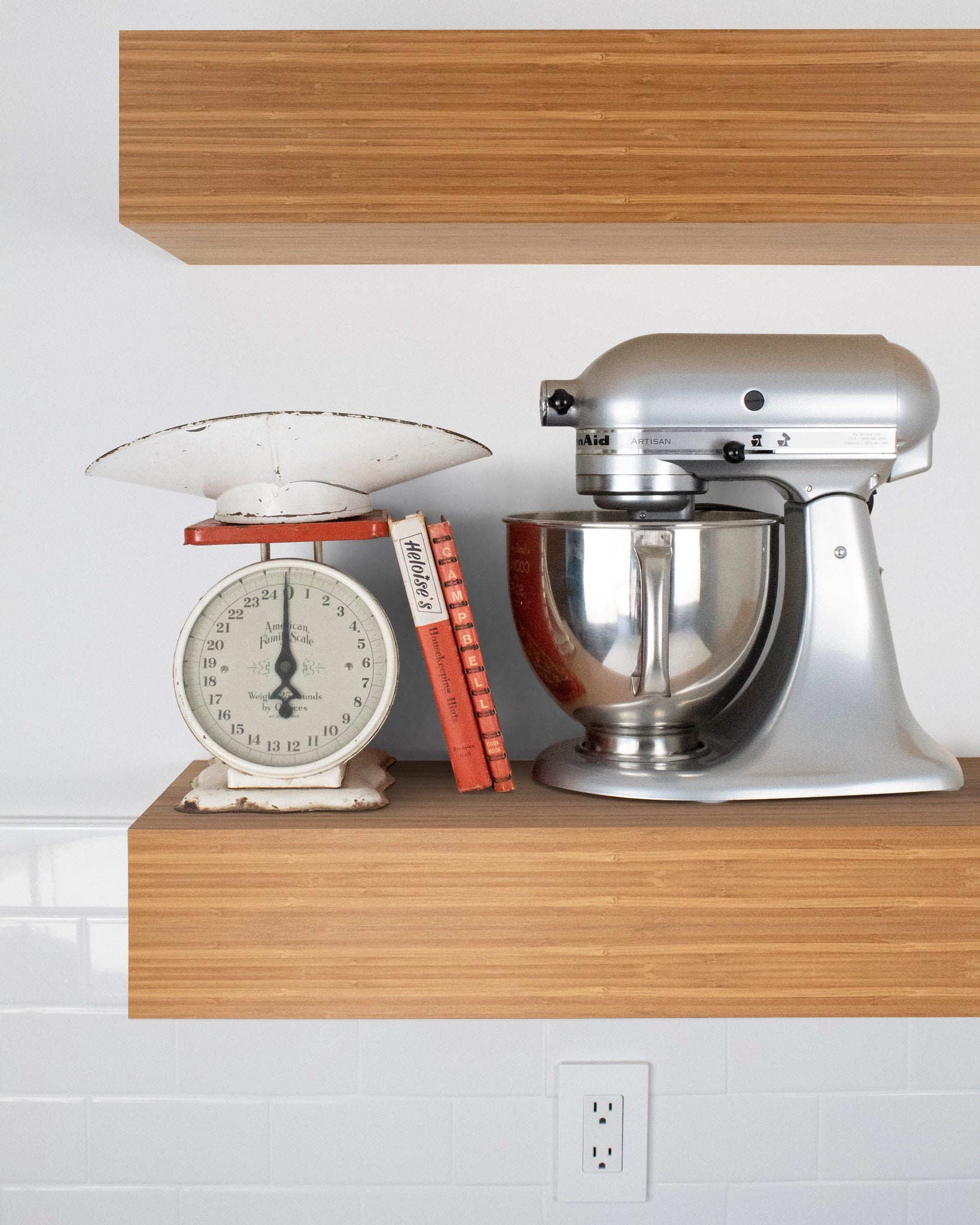 Bamboo Wood kitchen Floating Shelf 6 inch thick with Mixer and scale front view