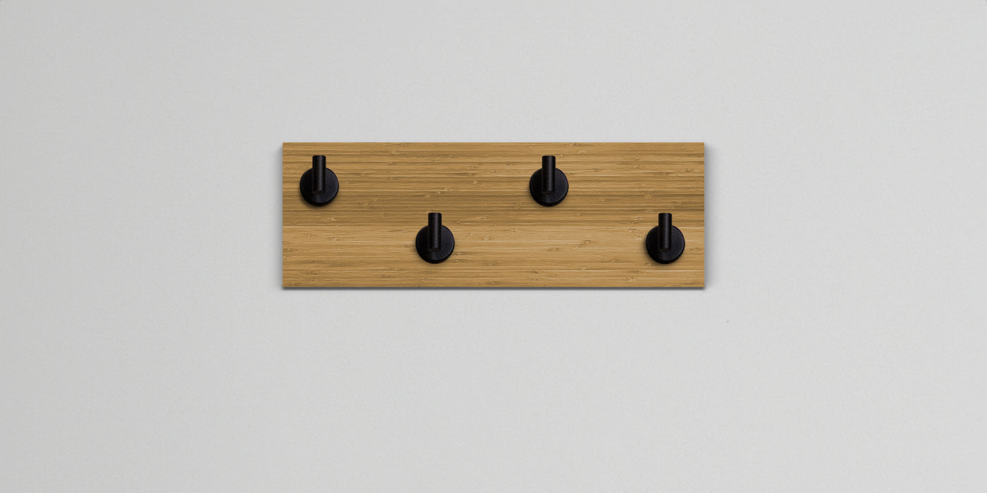 Bamboo Wood wall hook rack 4 matte black hooks