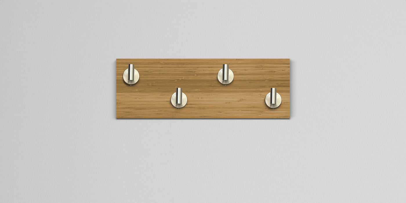 Bamboo Wood wall hook rack 4 satin nickel hooks
