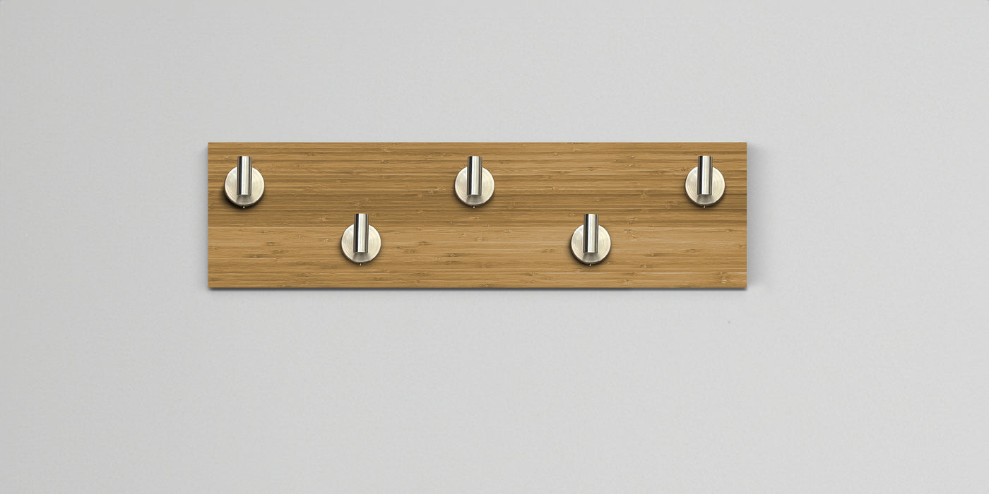 Bamboo Wood wall hook rack 5 satin nickel hooks
