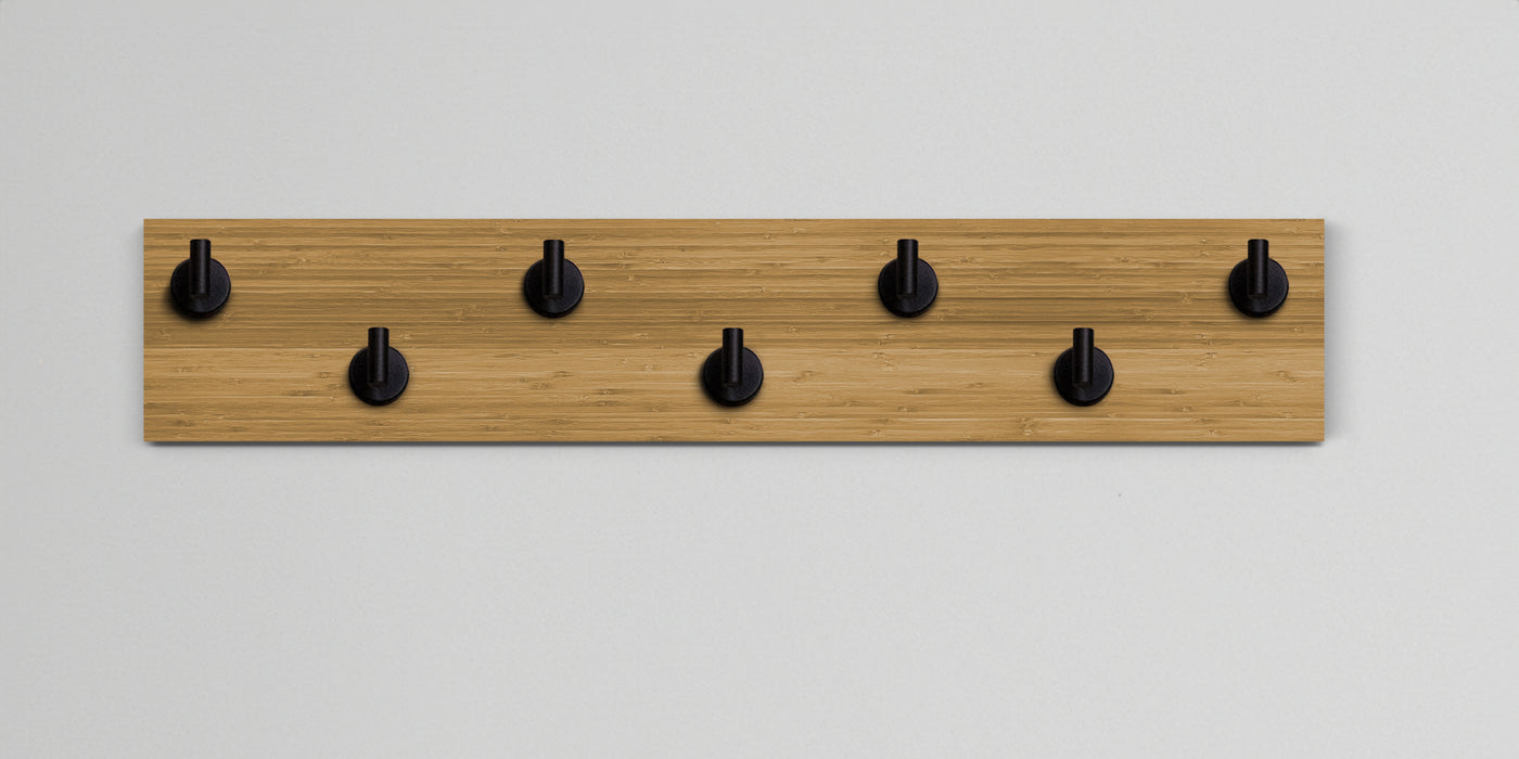 Bamboo Wood wall hook rack 7 matte black hooks