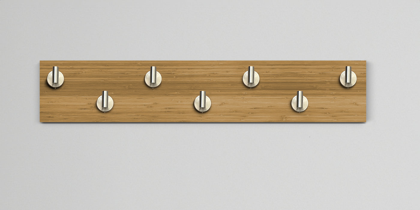 Bamboo Wood wall hook rack 7 satin nickel hooks