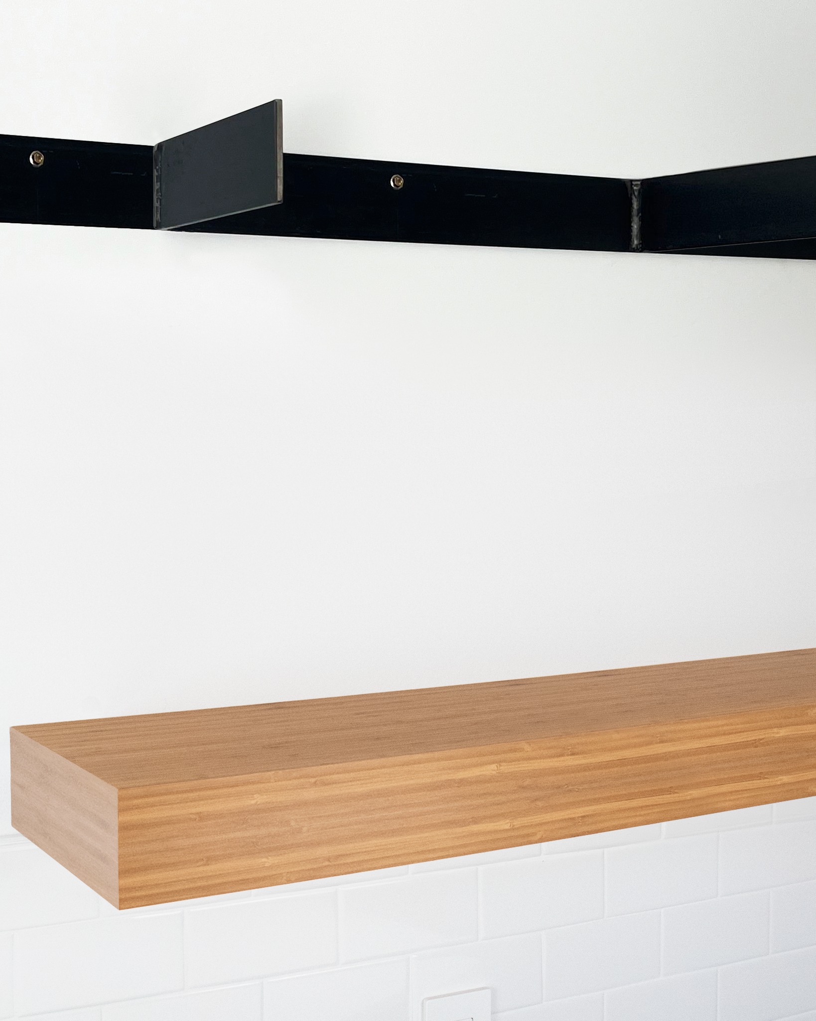 Bamboo floating shelf 4 inch thick angle view installed steel HW top