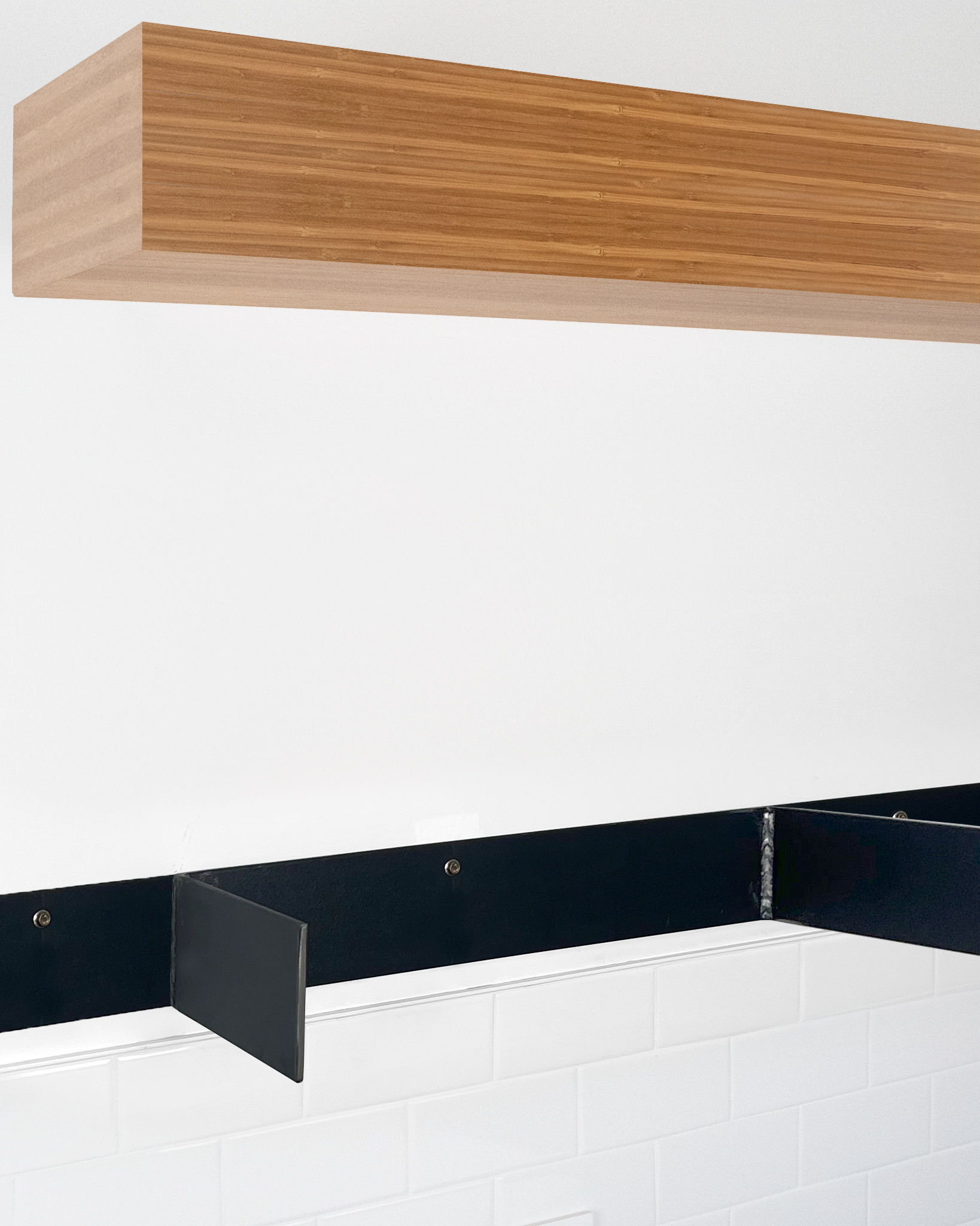 Bamboo floating shelf 6 inch thick angle view installed steel HW